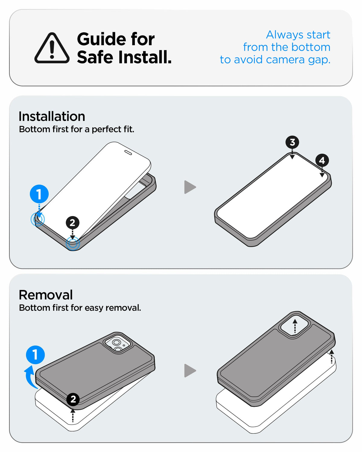 ACS09988 - iPhone 17 Series Case Optik Armor (MagFit) in abyss green showing the guide for safe installation. Always start from the bottom to avoid camera gap
