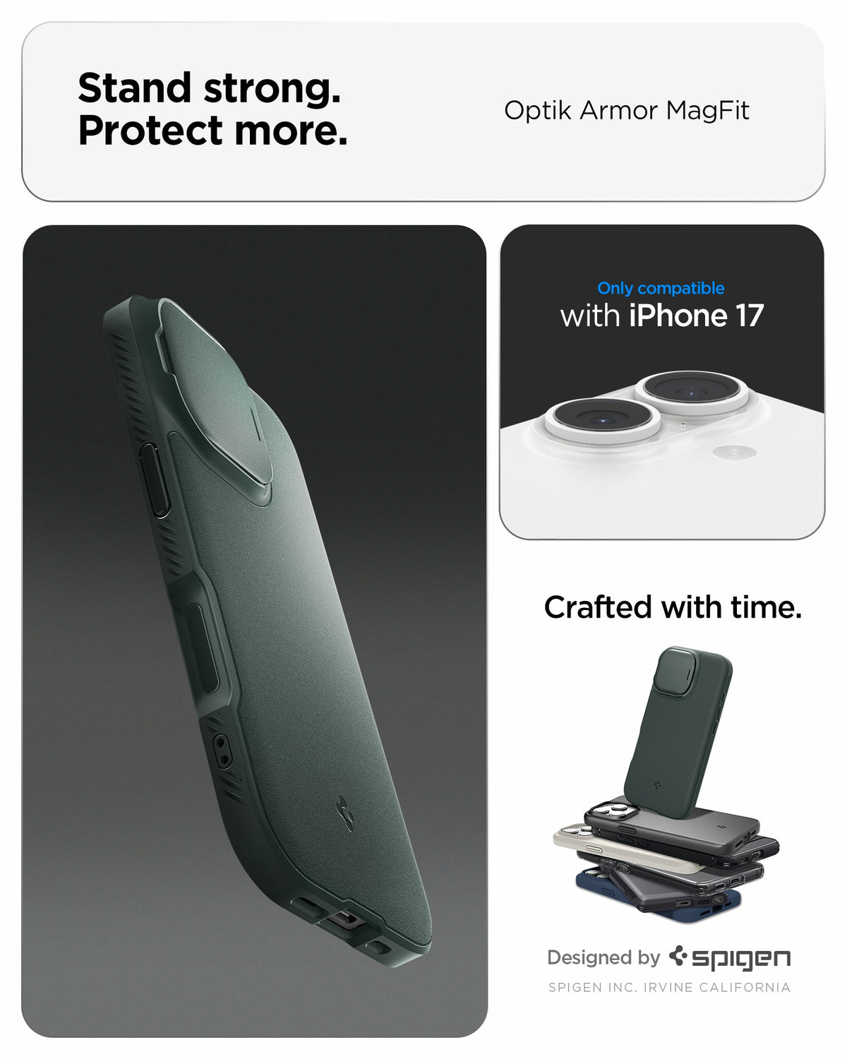 ACS09988 - iPhone 17 Series Case Optik Armor (MagFit) in abyss green showing the stand strong and protect more with the case. Only compatible with iPhone 17