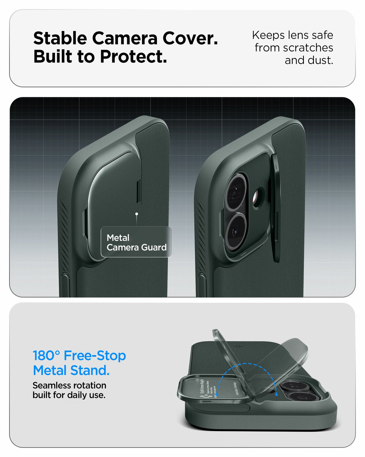 ACS09988 - iPhone 17 Series Case Optik Armor (MagFit) in abyss green showing the stable camera cover that is built to protect. Keep lens safe from scratches and dust