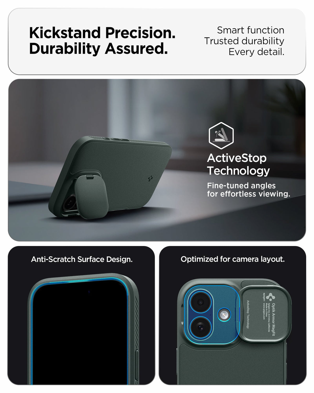ACS09988 - iPhone 17 Series Case Optik Armor (MagFit) in abyss green showing the kickstand precision. Durability assured. Smart function, trusted durability and every detail.
