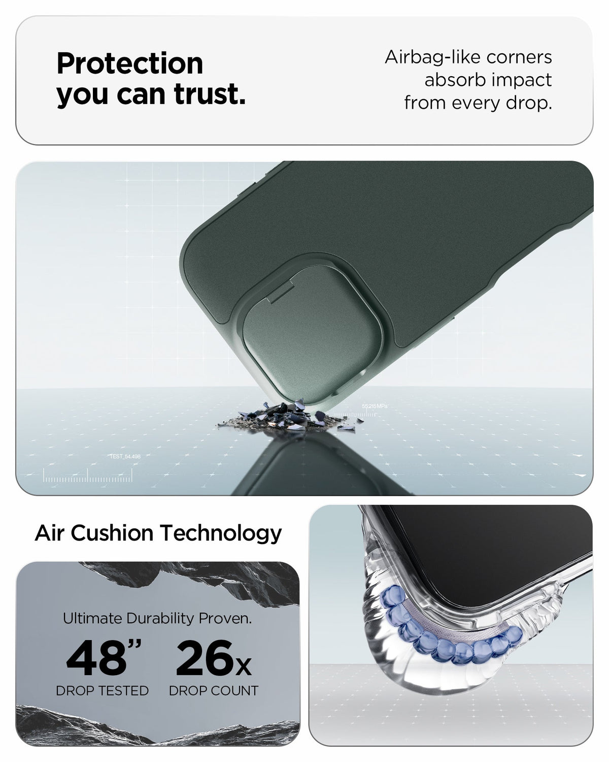ACS09988 - iPhone 17 Series Case Optik Armor (MagFit) in abyss green showing the protection you can trust. Airbag-like corners absorb impact from every drop with air cushion technology
