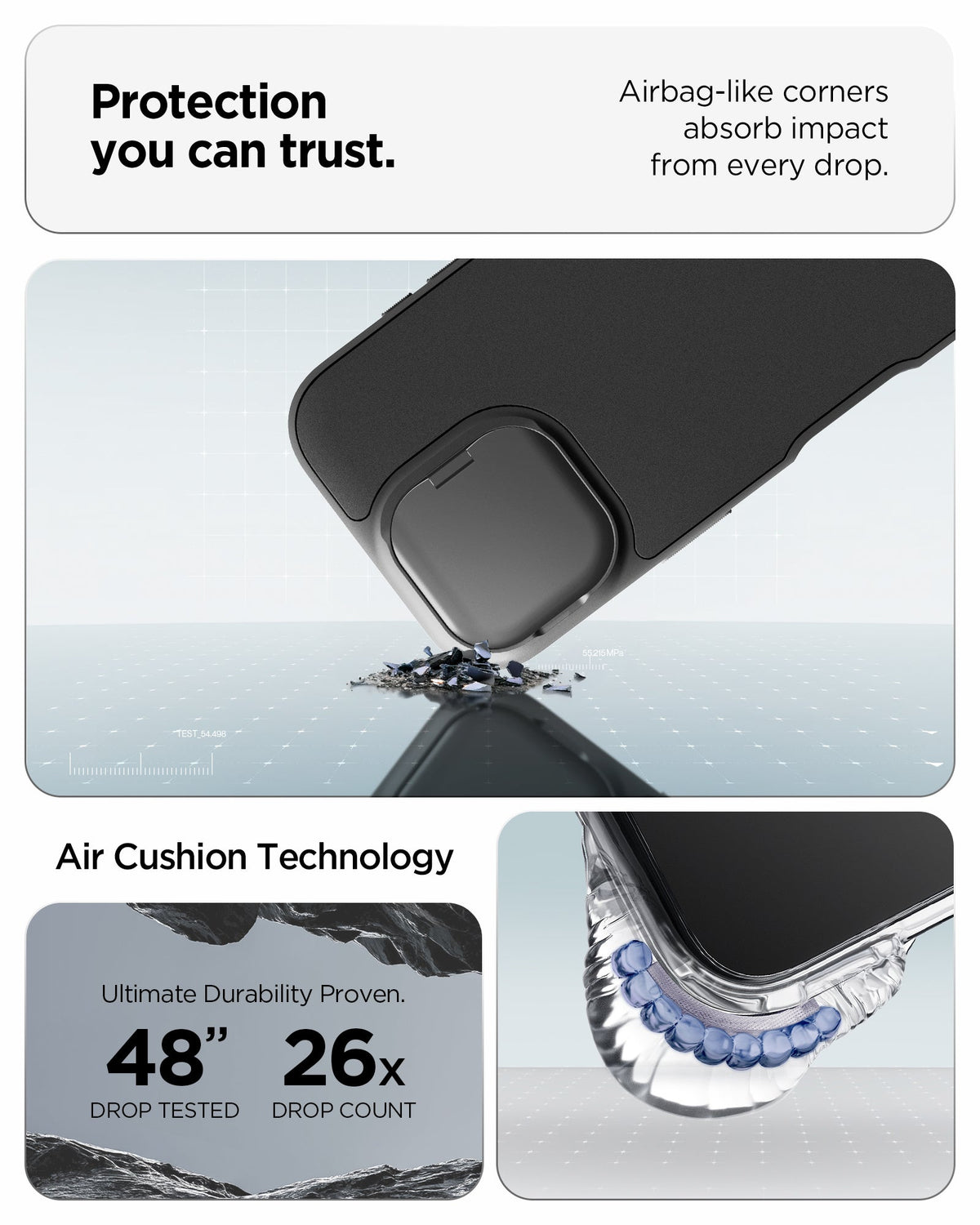 ACS09987 - iPhone 17 Series Case Optik Armor (MagFit) in black showing the protection you can trust. Airbag-like corners absorb impact from every drop with air cushion technology