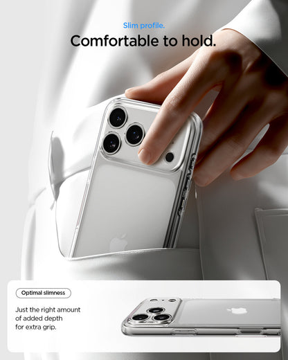 ACS10033 - iPhone 17 Pro Max Ultra Hybrid in Crystal Clear showing slim profile. Comfortable to hold. Optimal slimness just the right amount of added depth for extra grip.