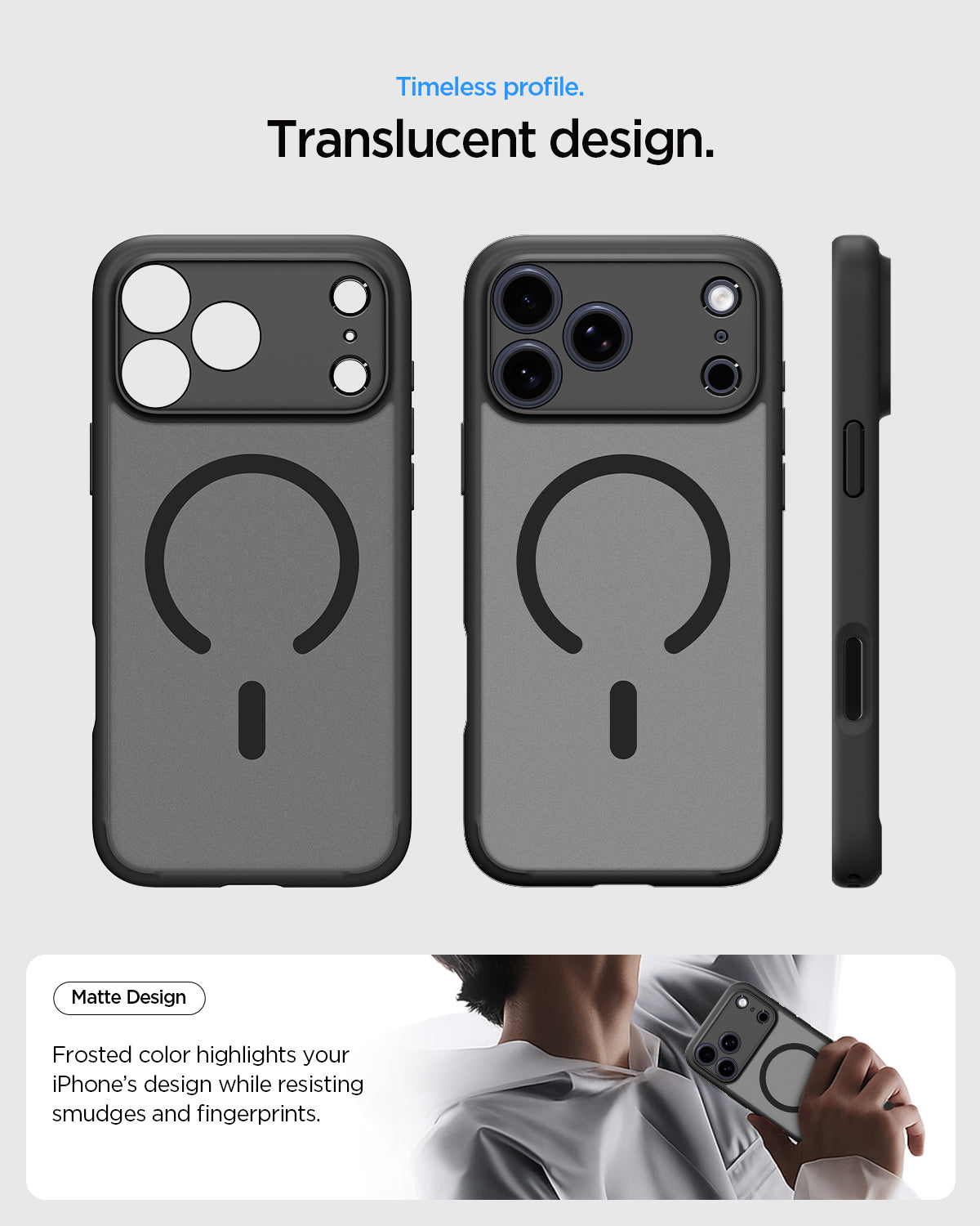 ACS10069 - iPhone 17 Pro Ultra Hybrid (MagFit) in Frost Black showing long lasting clarity. keep it clear with duraclear.