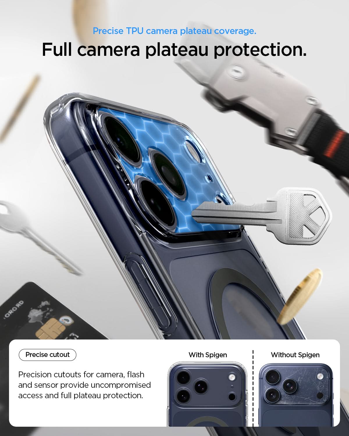 ACS10036 - iPhone 17 Pro Max Ultra Hybrid (MagFit) in Clear Graphite showing precise TPU camera plateau coverage. full camera plateau protection.
