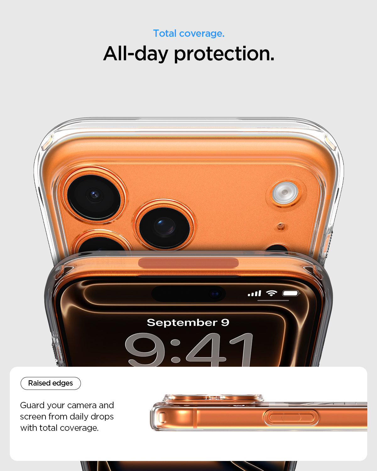 ACS10066 - iPhone 17 Pro Ultra Hybrid (MagFit) in Clear White showing total coverage. all day protection. raised edges guard your camera and screen from daily drops with total coverage.