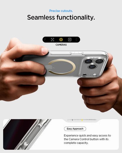 ACS10068 - iPhone 17 Pro Ultra Hybrid (MagFit) in Clear Gold showing precise cutouts. seamless functionality. easy approach. experience quick and easy access to the camera control button with its complete capacity.