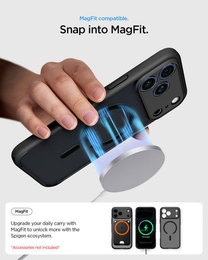 ACS10069 - iPhone 17 Pro Ultra Hybrid (MagFit) in Frost Black showing magfit compatible. snap into magfit