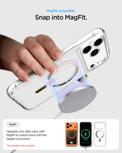 ACS10068 - iPhone 17 Pro Ultra Hybrid (MagFit) in Clear Gold showing magfit compatible. snap into magfit.