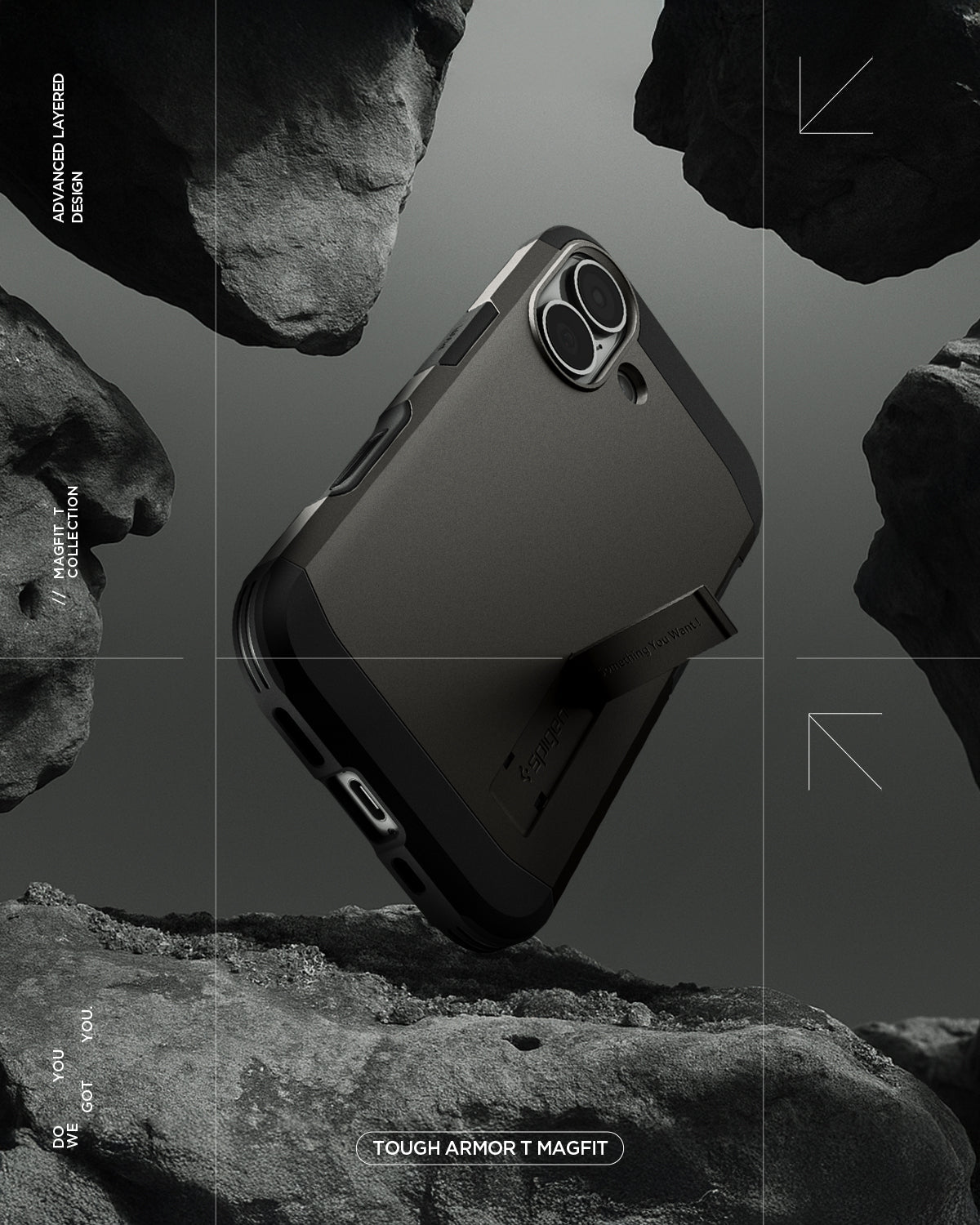 ACS09985 - iPhone 17 Case Tough Armor T AI (MagFit) in gunmetal showing the back with kick stand