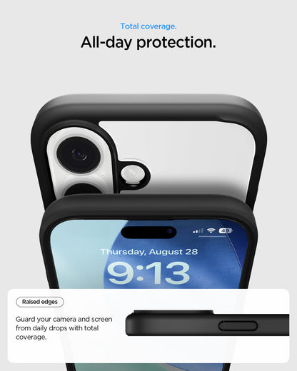 ACS10081 - iPhone 17 Ultra Hybrid in Matte Black showing total coverage. All day protection. Raised edges. Guard your camera and screen from daily drops with total coverage.
