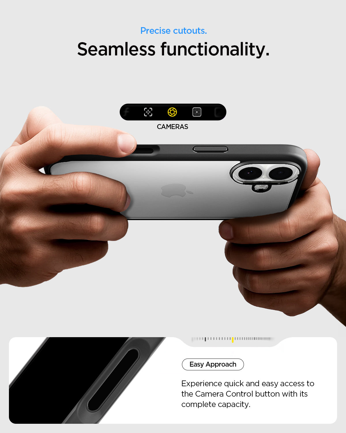 ACS10081 - iPhone 17 Ultra Hybrid in Matte Black showing precise cutouts. Seamless functionality. Easy approach. Experience quick and easy access to the camera control button with its complete capacity.