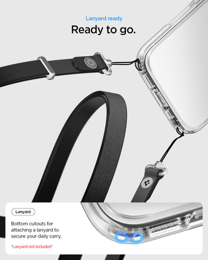 ACS10080 - iPhone 17 Ultra Hybrid in Crystal Clear showing lanyard ready. ready to go. bottom cutouts for attaching a lanyard to secure your daily carry