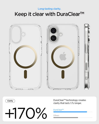 ACS10084 - iPhone 17 Ultra Hybrid (MagFit) in Clear Gold showing long lasting clarity. keep it clear with duraclear.