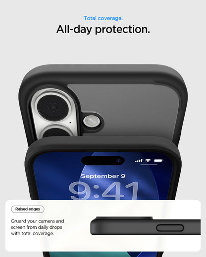 ACS10085 - iPhone 17 Ultra Hybrid (MagFit) in Frost Black showing total coverage. all day protection. raised edges guard your camera and screen from daily drops with total coverage