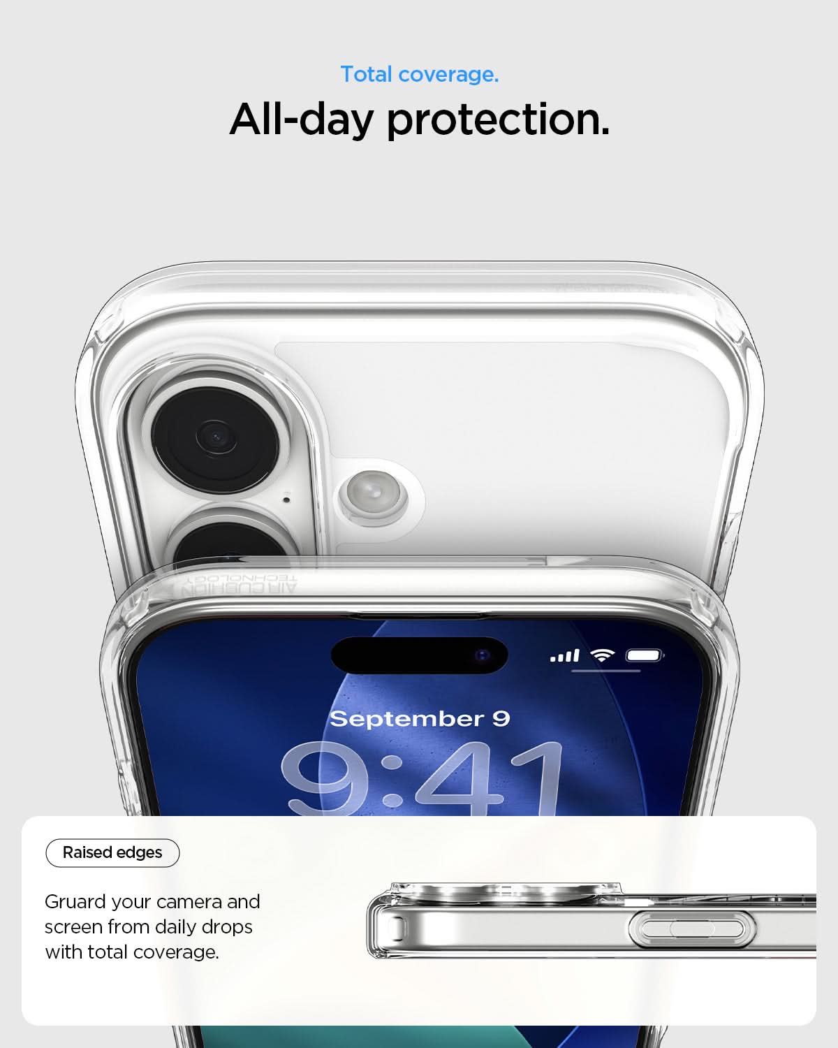 ACS10086 - iPhone 17 Ultra Hybrid (MagFit) in Frost White showing total coverage. all day protection. raised edges guard your camera and screen from daily drops with total coverage.