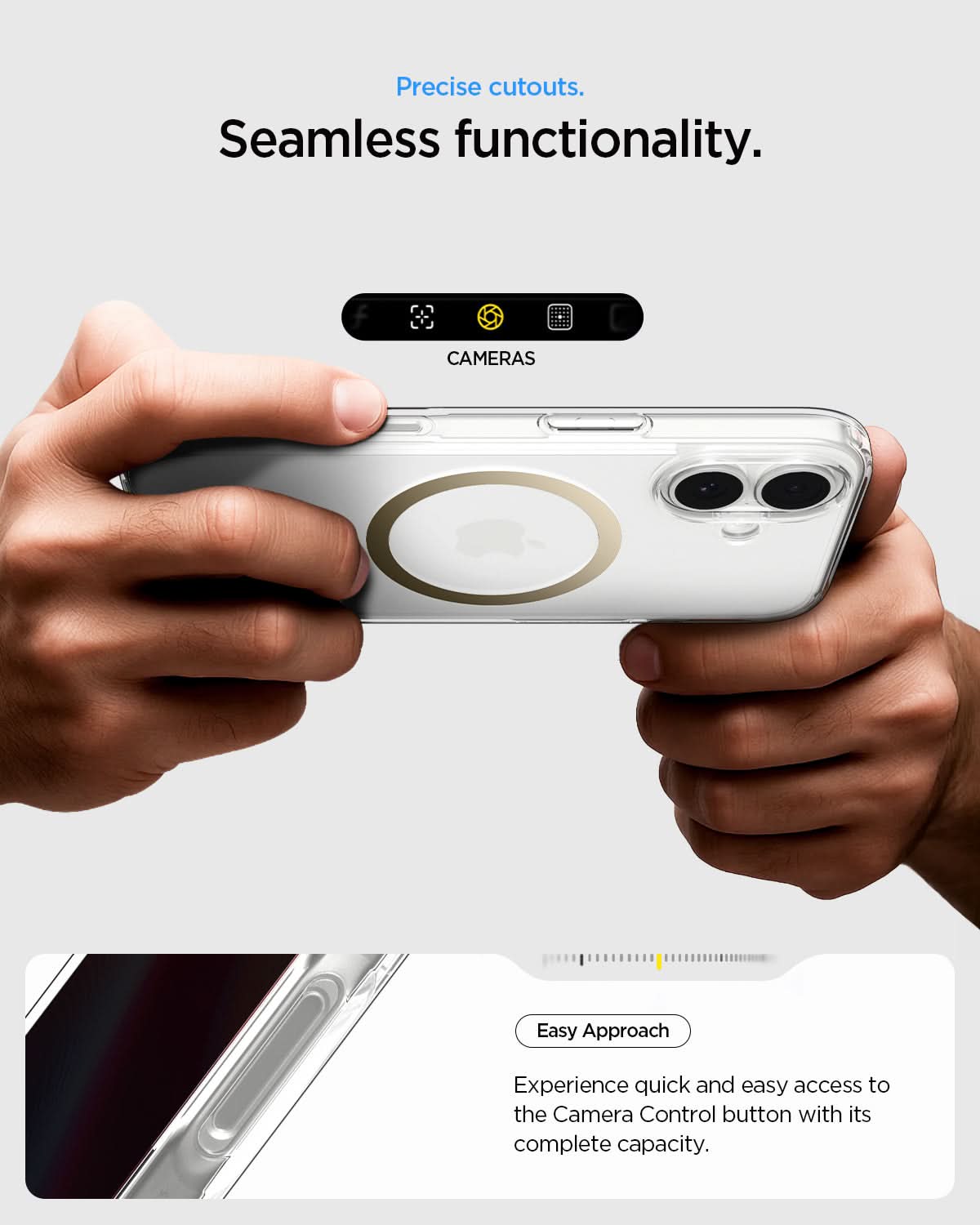 ACS10084 - iPhone 17 Ultra Hybrid (MagFit) in Clear Gold showing precise cutouts. seamless functionality. easy approach. experience quick and easy access to the camera control button with its complete capacity.