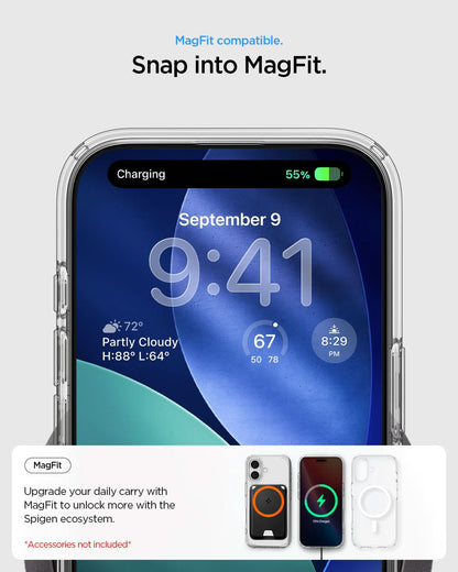 ACS10086 - iPhone 17 Ultra Hybrid (MagFit) in Frost White showing magfit compatible. snap into magfit. upgrade your daily carry with magfit to unlock more with the spigen ecosystem.