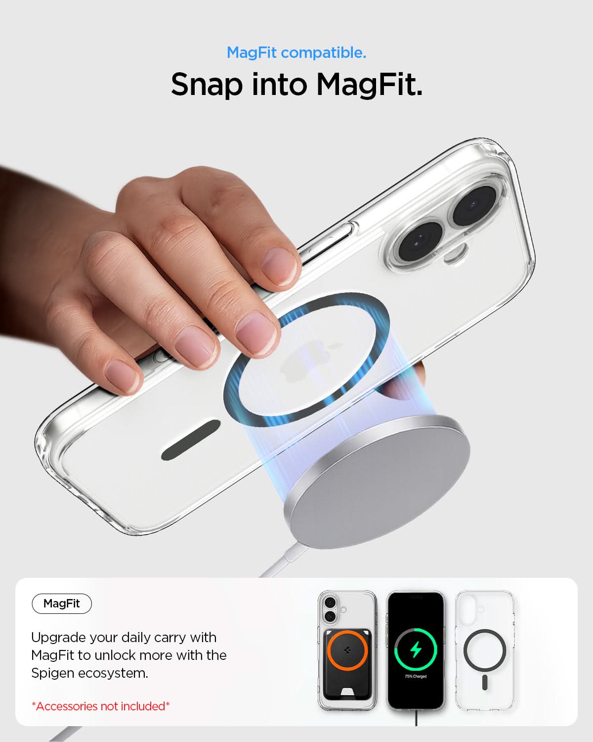 ACS10083 - iPhone 17 Ultra Hybrid (MagFit) in Clear Graphite showing magfit compatible. snap into magfit.