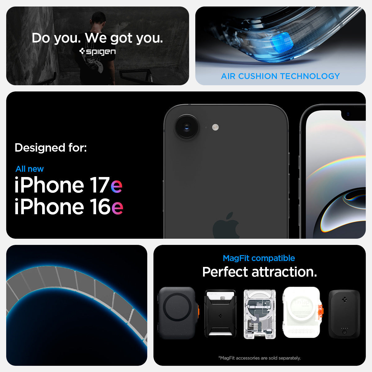 ACS09139 - iPhone 17e Case Ultra Hybrid (Mag Fit) showing iPhone 17e and iPhone 16e compatibility and compatibility with Mag Fit. Showcases Air Cushion technology along with Mag fit accessories showcases of Mag Fit wallets and chargers but Mag fit accesso