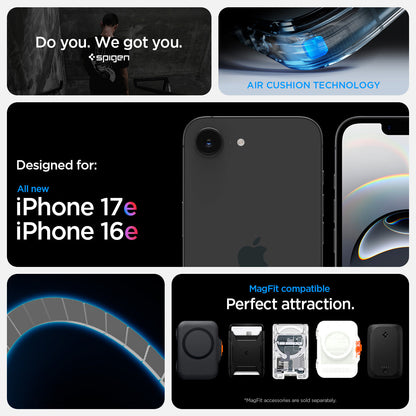ACS09139 - iPhone 17e Case Ultra Hybrid (Mag Fit) showing iPhone 17e and iPhone 16e compatibility and compatibility with Mag Fit. Showcases Air Cushion technology along with Mag fit accessories showcases of Mag Fit wallets and chargers but Mag fit accesso