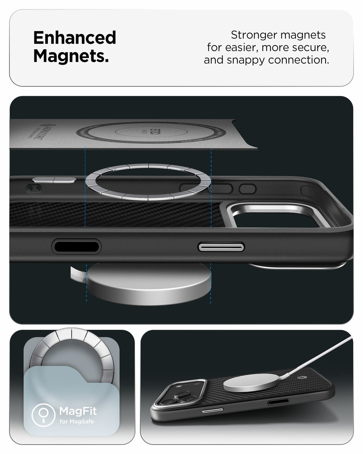 ACS09958 - iPhone 17 Pro Case Enzo Aramid T in black showing the enhanced magnets. Stronger magnets for easier, more secure and snappy connection