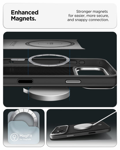 ACS09958 - iPhone 17 Pro Case Enzo Aramid T in black showing the enhanced magnets. Stronger magnets for easier, more secure and snappy connection