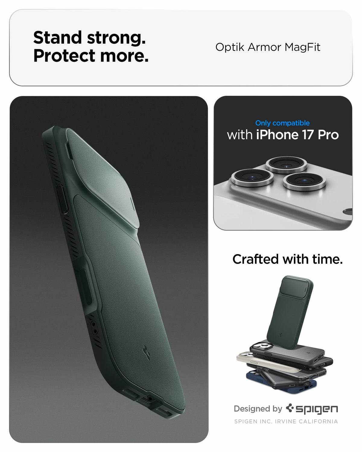 ACS09954 - iPhone 17 Pro Series Case Optik Armor (MagFit) in abyss green showing the stand strong and protect more with the case. Only compatible with iPhone 17 pro