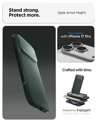 ACS09954 - iPhone 17 Pro Series Case Optik Armor (MagFit) in abyss green showing the stand strong and protect more with the case. Only compatible with iPhone 17 pro