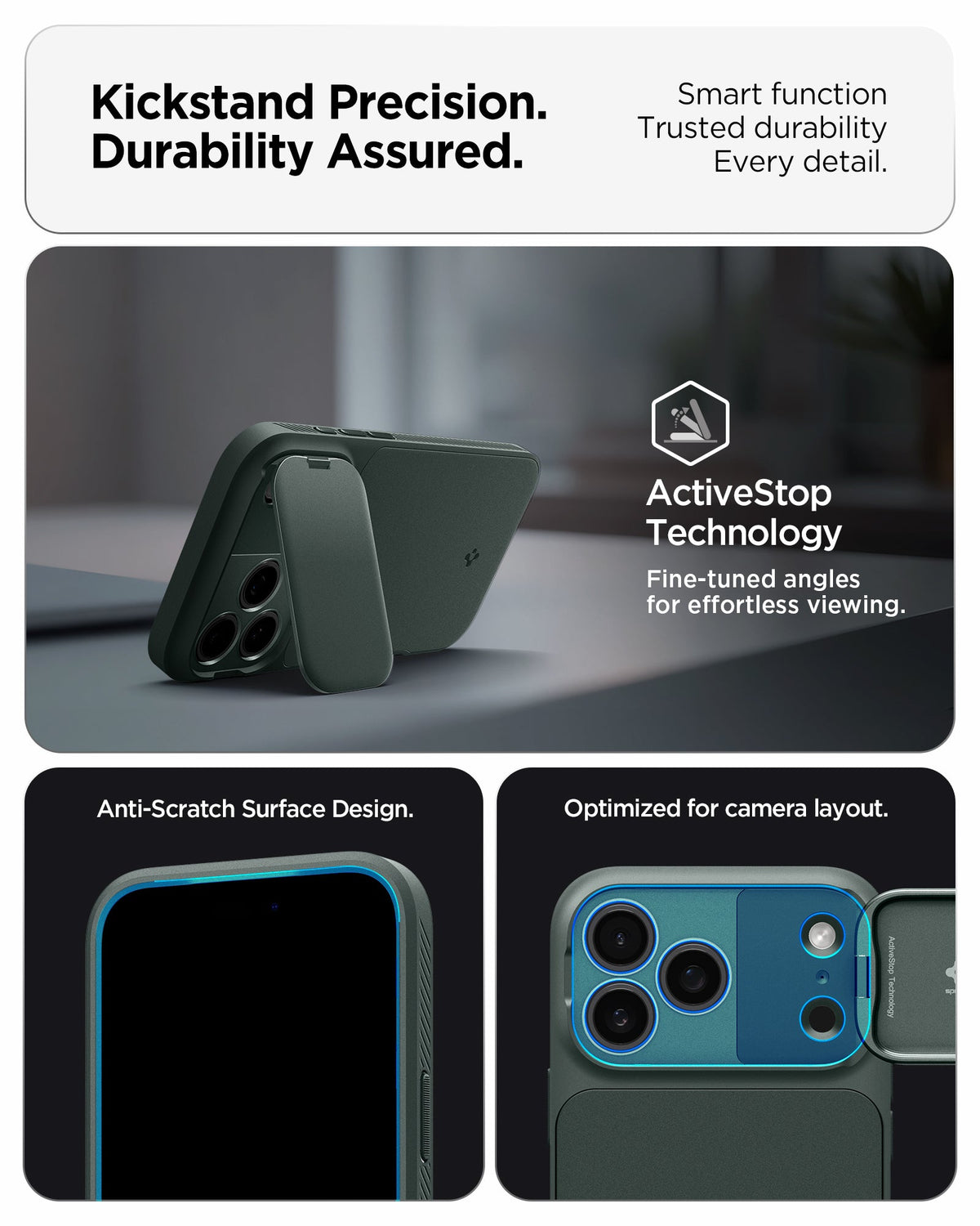 ACS09954 - iPhone 17 Pro Series Case Optik Armor (MagFit) in abyss green showing the kickstand precision. Durability assured. Smart function, trusted durability and every detail.