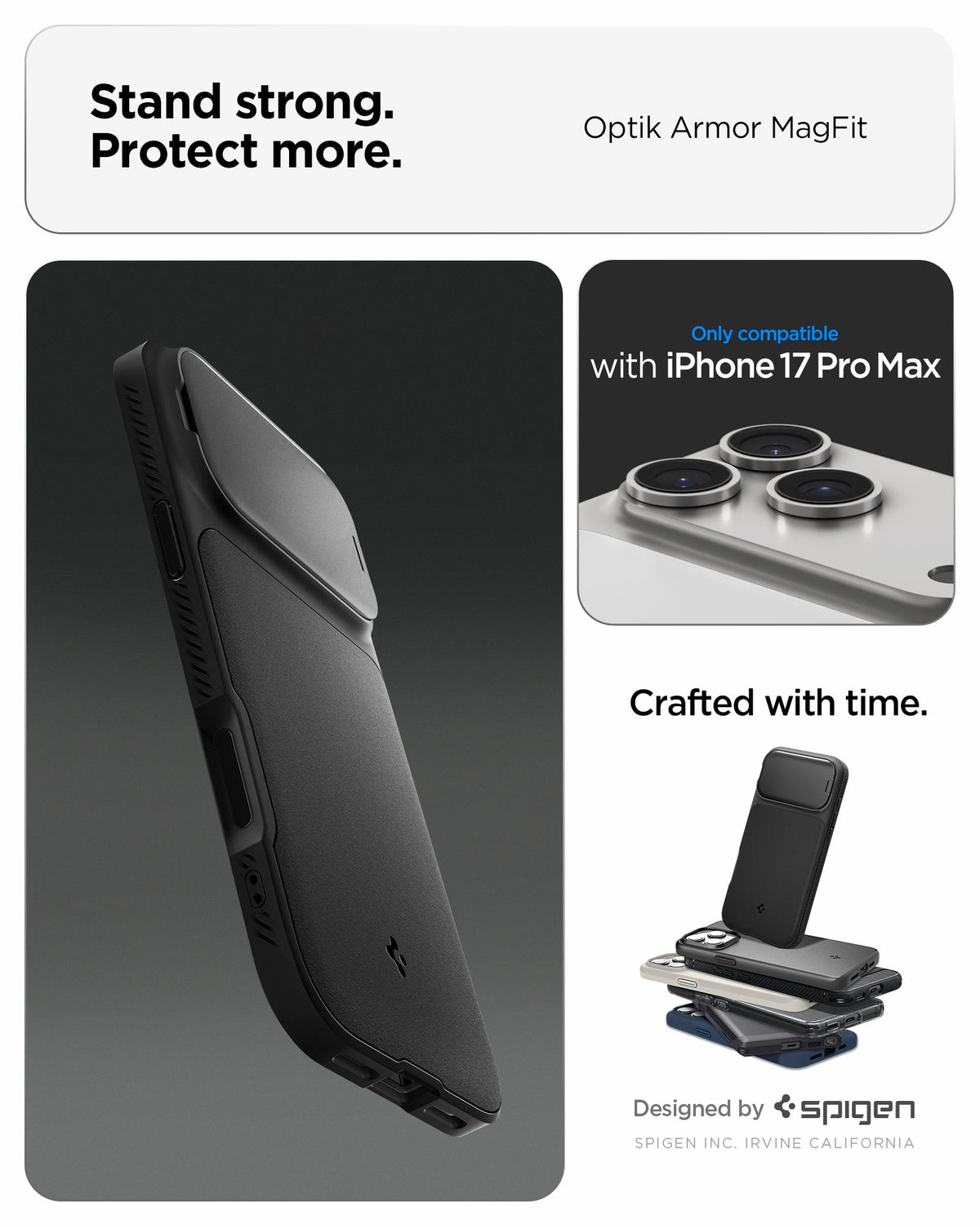 ACS09900 - iPhone 17 Pro Max Series Case Optik Armor (MagFit) in black showing the stand strong and protect more with the case. Only compatible with iPhone 17 pro max