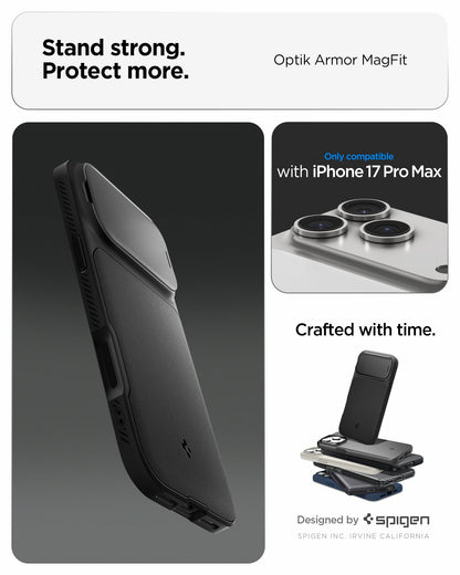 ACS09900 - iPhone 17 Pro Max Series Case Optik Armor (MagFit) in black showing the stand strong and protect more with the case. Only compatible with iPhone 17 pro max