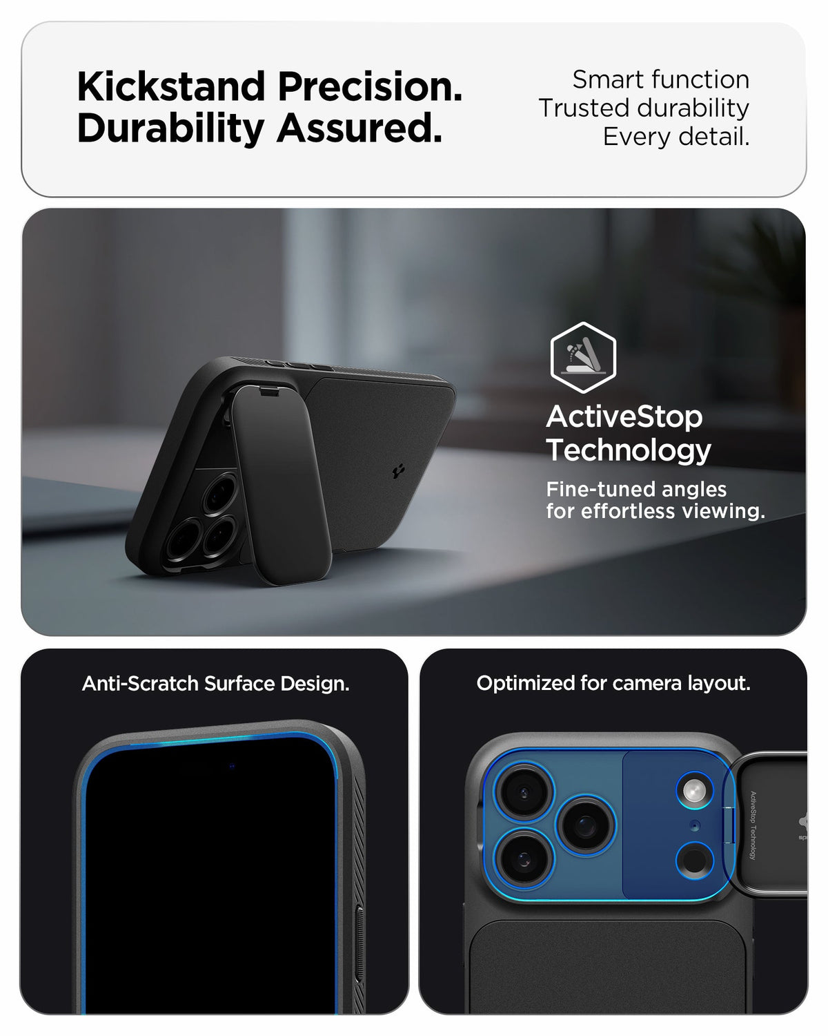 ACS09953 - iPhone 17 Pro Series Case Optik Armor (MagFit) in black showing the kickstand precision. Durability assured. Smart function, trusted durability and every detail.