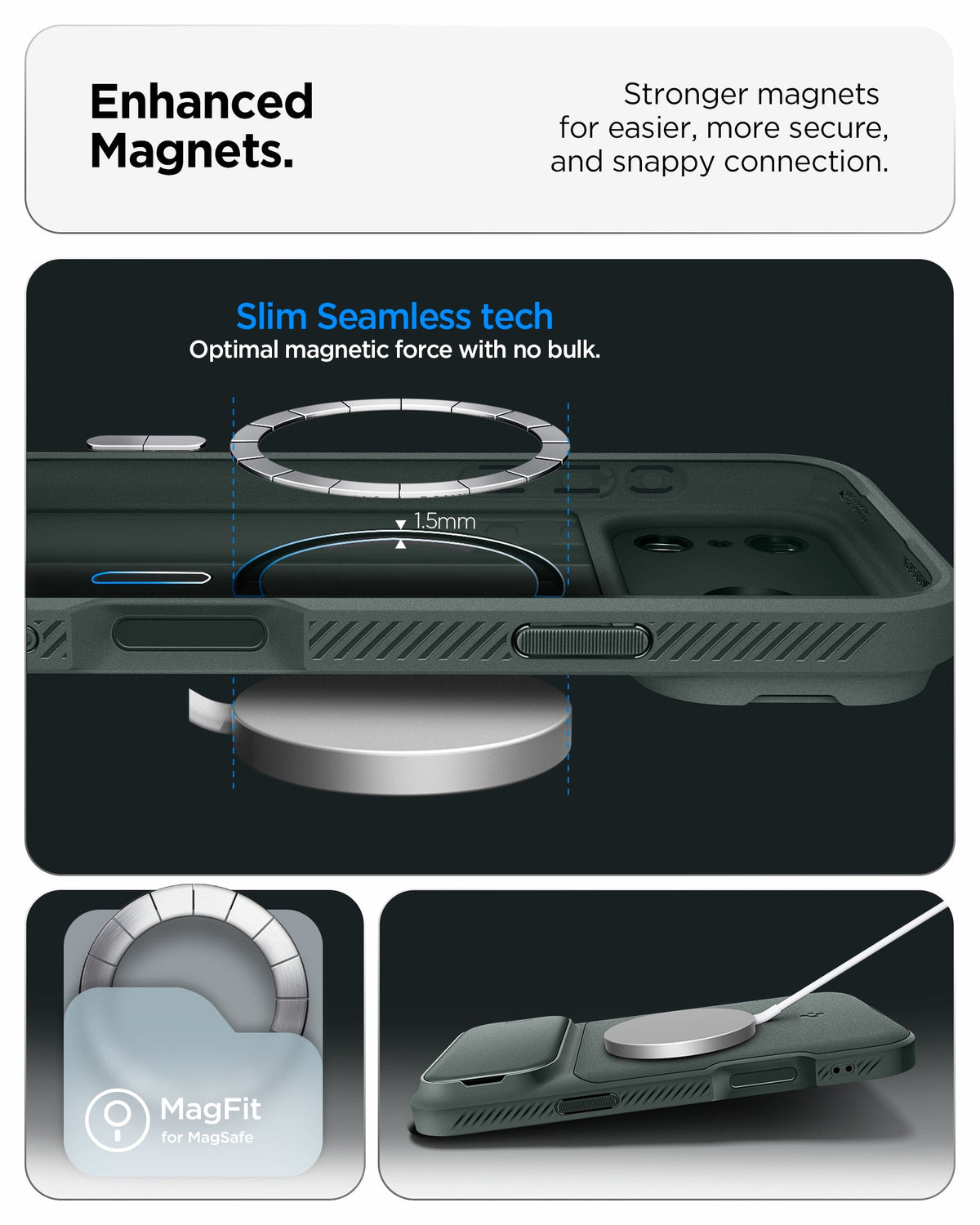 ACS09901 - iPhone 17 Pro Max Series Case Optik Armor (MagFit) in abyss green showing the enhanced magnets Stronger magnets for easier, more secure and snappy connection