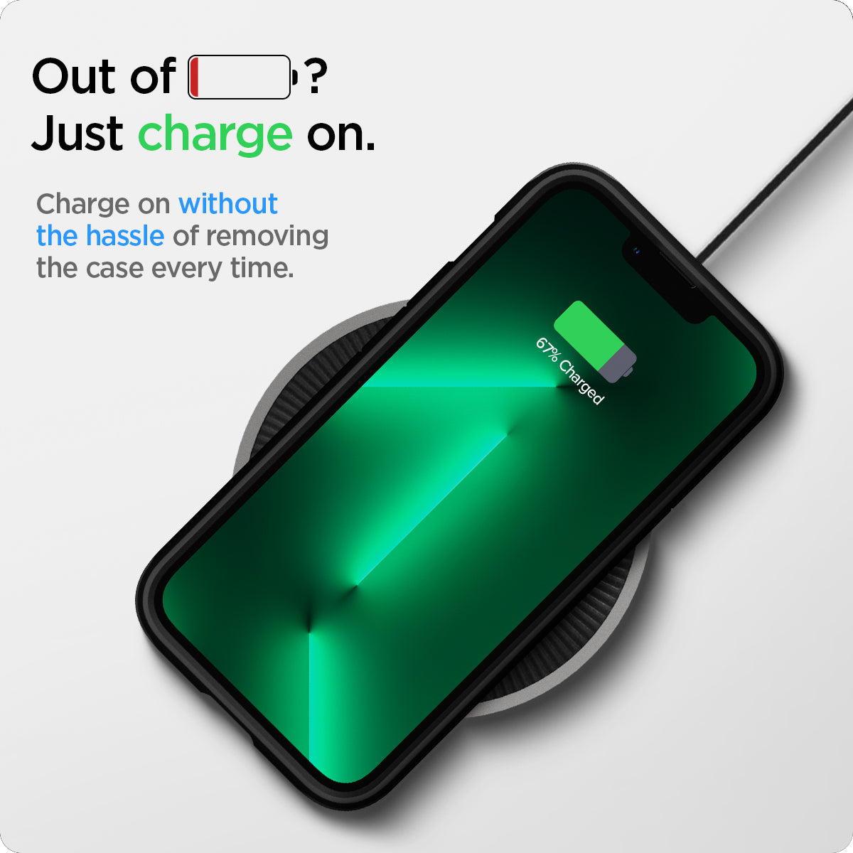 ACS04564 - iPhone 13 Pro Max Case Tough Armor in midnight green showing the charging on without the hassle of removing the case every time