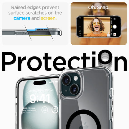 ACS06663 - iPhone 15 Plus Case Ultra Hybrid (MagFit) in carbon fiber showing the protection