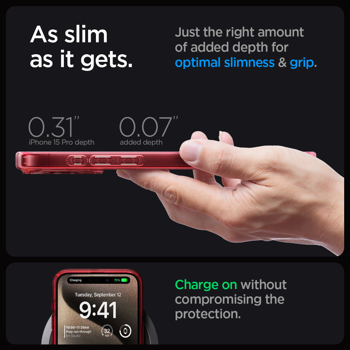ACS07057 - iPhone 15 Pro Case Ultra Hybrid (MagFit) in frost deep red as slim as it gets. just the right amount of added depth for optimal slimness and grip. charge on without compromising the protection.
