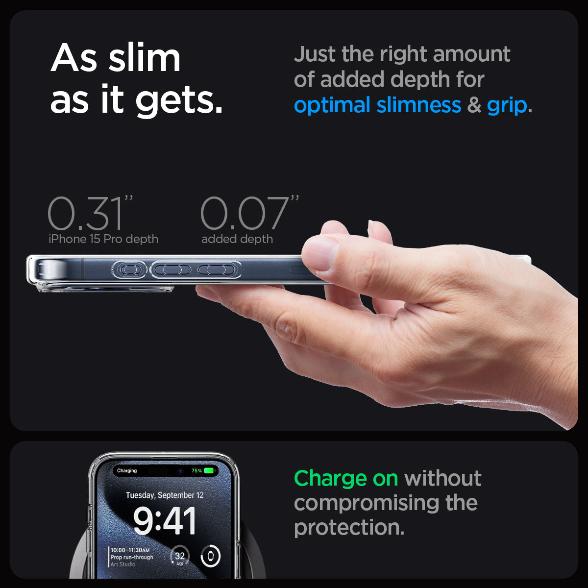 ACS06719 - iPhone 15 Pro Case Ultra Hybrid (MagFit) in frost clear as slim as it gets. just the right amount of added depth for optimal slimness and grip. charge on without compromising the protection.
