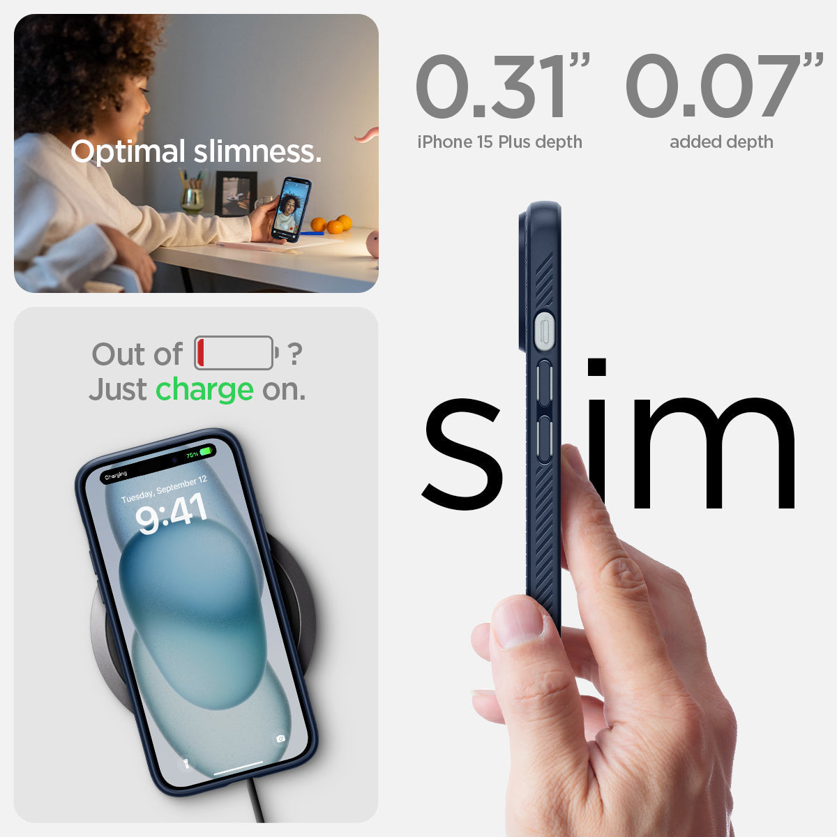 ACS06651 - iPhone 15 Plus Case Liquid Air in navy blue the 0.31" iPhone 16 Plus depth. 0.06" added depth optimal slimness. out of battery? just charge on.