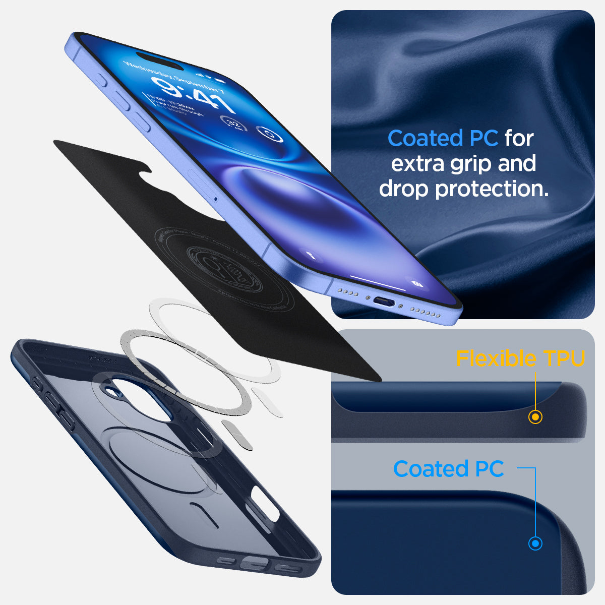 ACS08187 - iPhone 16 Case Thin Fit (MagFit) in Navy Blue coated PC for extra grip and drop protection