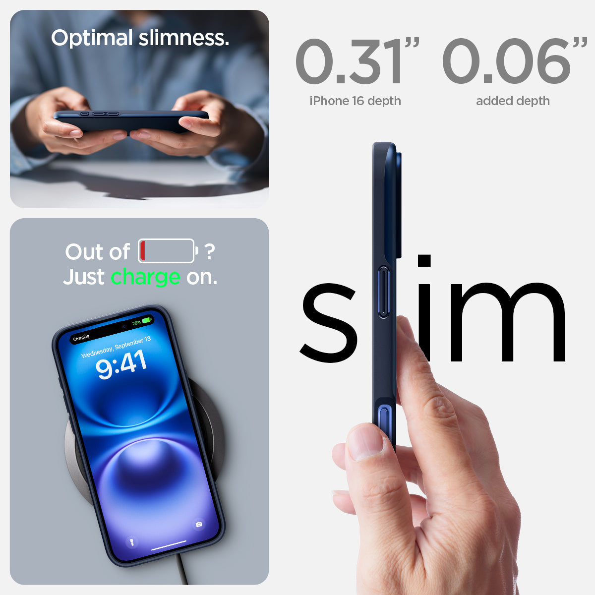 ACS08187 - iPhone 16 Case Thin Fit (MagFit) in Navy Blue optimal slimess. out of battery? just charge on. 0.31" iPhone 16 plus depth, 0.06" added depth. slim.