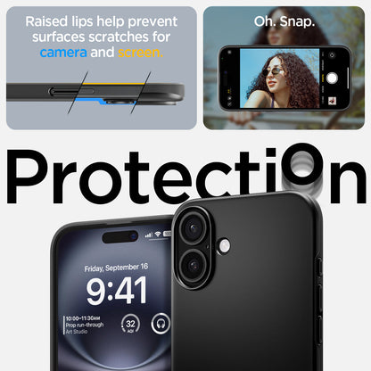 ACS08060 - iPhone 16 Plus Case Thin Fit (MagFit) in Black raised lips help prevent surfaces scratches for camera and screen. oh snap. protection.