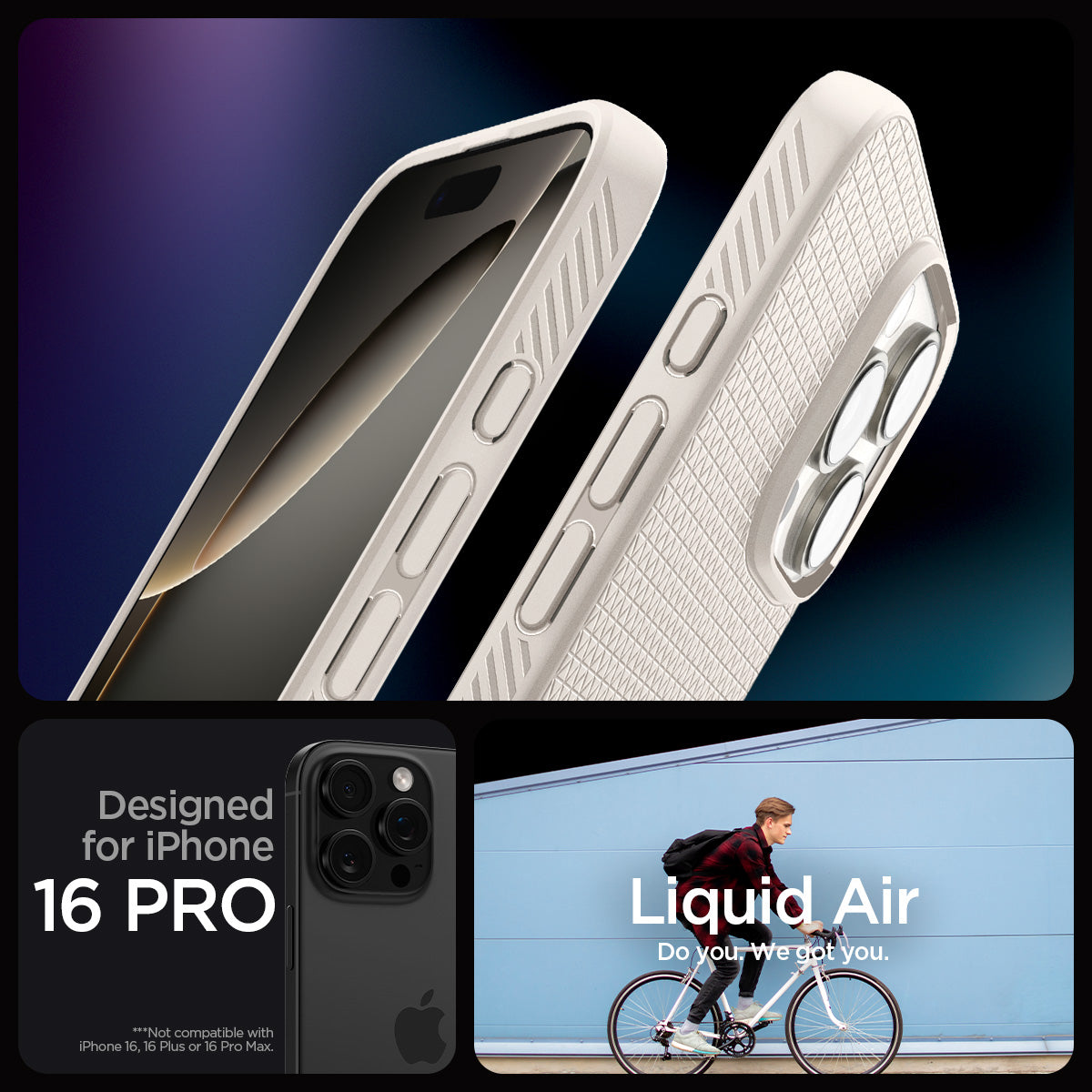 ACS08120 - iPhone 16 Pro Case Liquid Air in Natural Titanium showing the compatibility designed for iPhone 16 Pro. Not compatible with iPhone 16, 16 Plus or 16 Pro Max