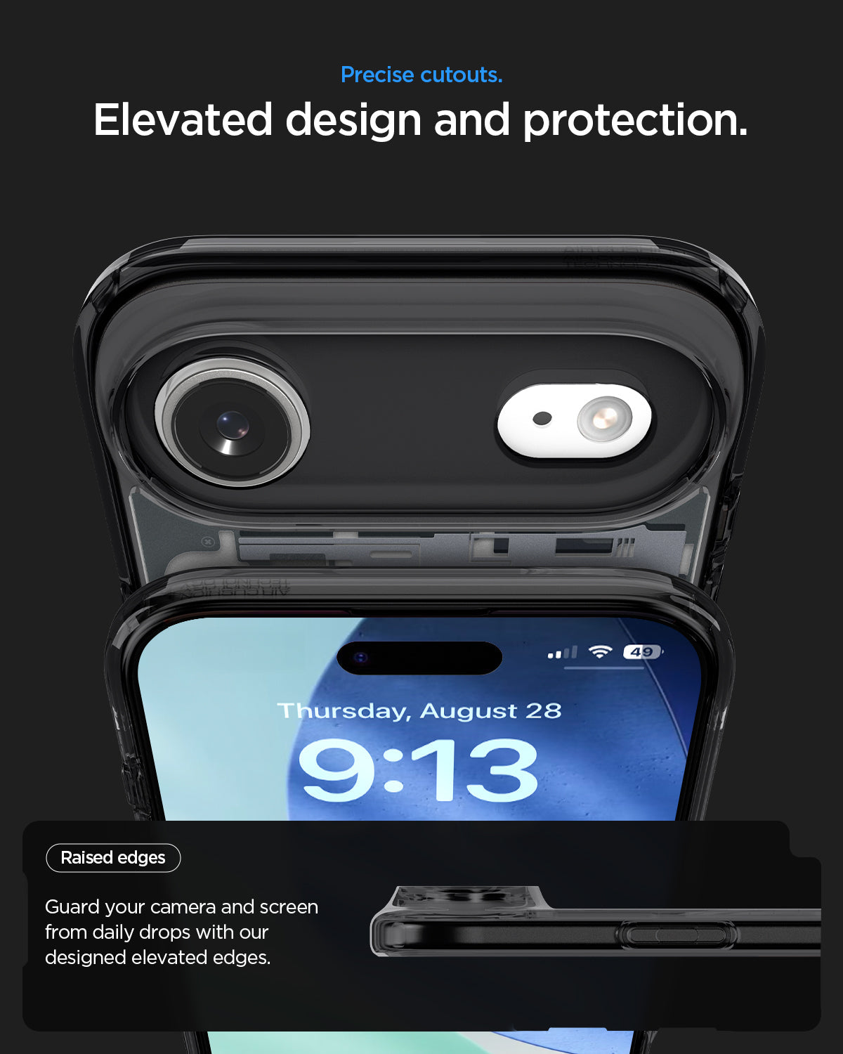 ACS10058 - iPhone 17 Air Ultra Hybrid Zero One (MagFit) in Zero One Black showing precise cutouts. Elevated design and protection. Raised edges guard your camera and screen from daily drops with our designed elevated edges.