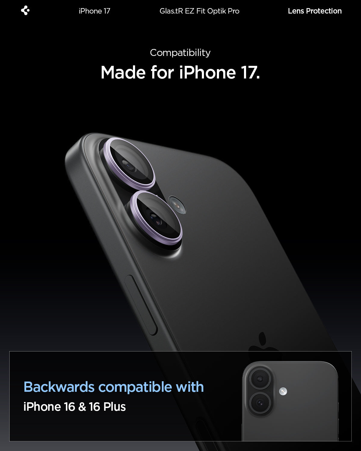 AGL10127 - iPhone 17 Optik Pro EZ Fit Lens Protector showing the compatibility. Made for the iPhone 17