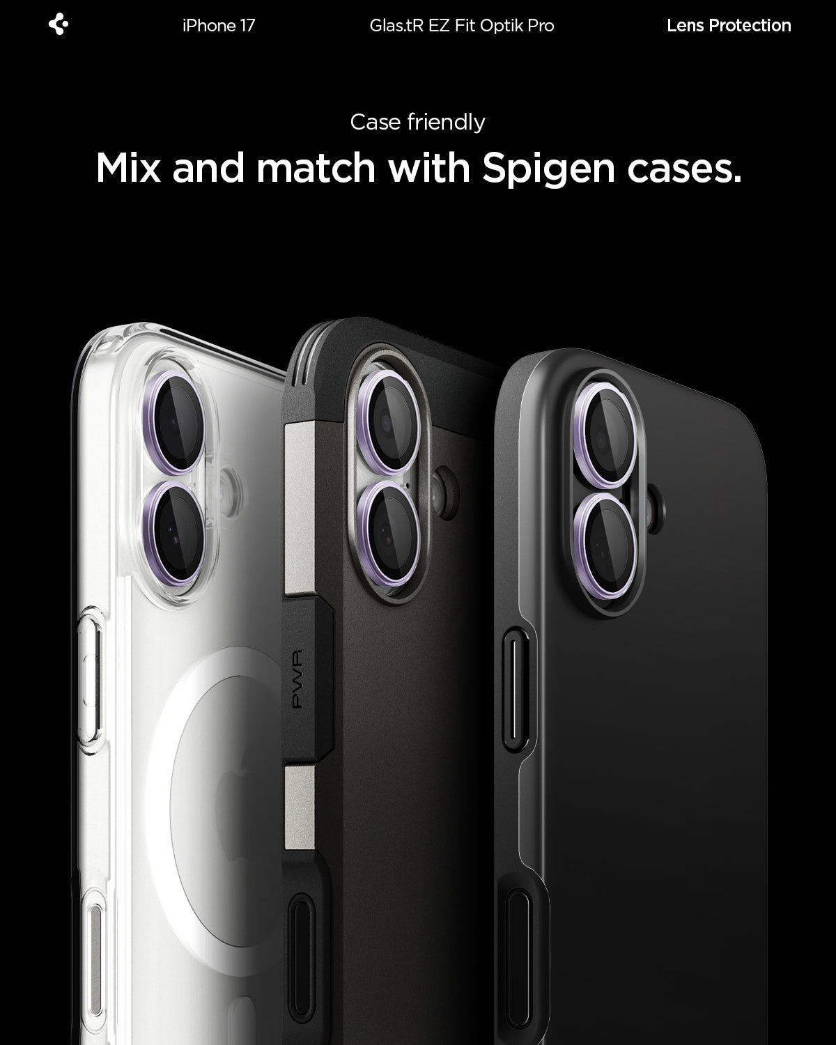 AGL10127 - iPhone 17 Optik Pro EZ Fit Lens Protector showing the case friendliness. Mix and match with Spigen cases