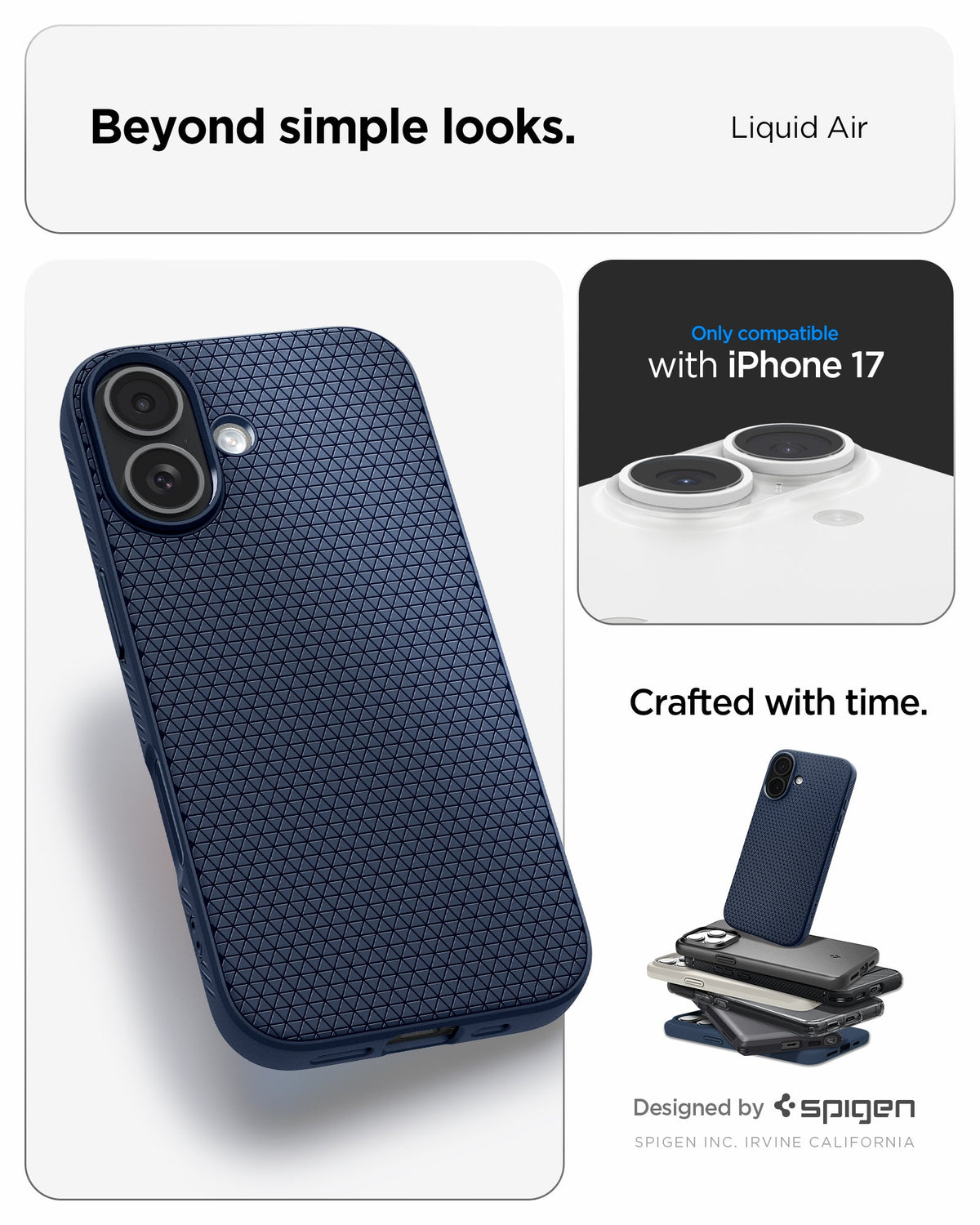 ACS09978 - iPhone 17 Liquid Air in Navy Blue showing beyond simple looks. liquid air. designed by spigen.