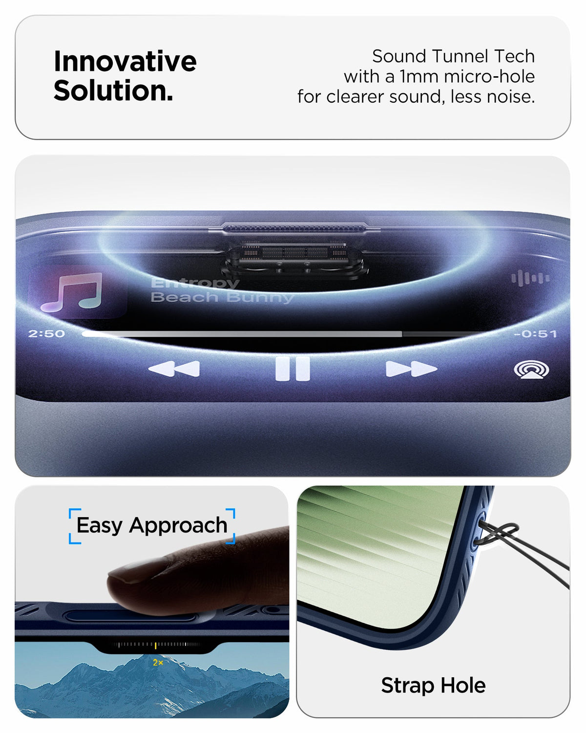 ACS09978 - iPhone 17 Liquid Air in Navy Blue showing innovative solution. sound tunnel tech with a 1mm micro hole for cleaner sound, less noise.