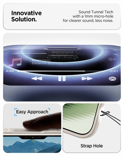 ACS09980 - iPhone 17 Liquid Air in Natural Titanium showing innovative solution. sound tunnel tech with a 1mm micro hole for cleaner sound, less noise.