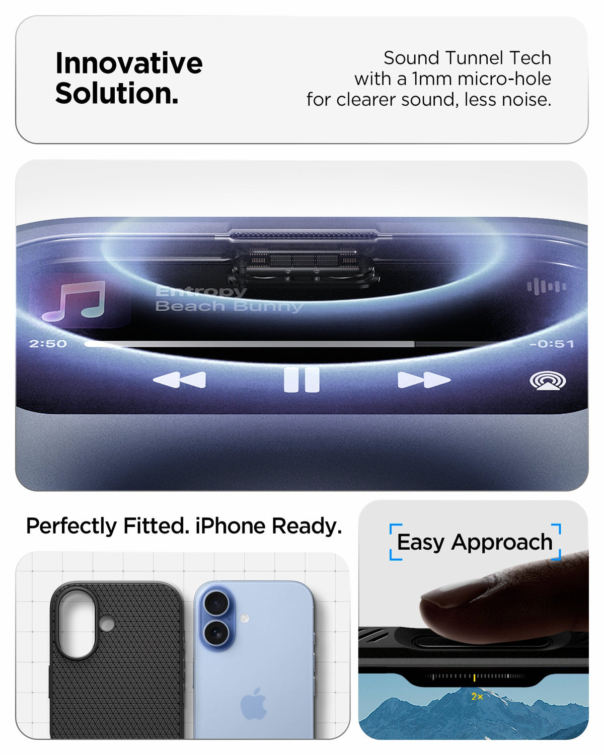 ACS09977 - iPhone 17 Liquid Air in Matte Black showing innovative solution. sound tunnel tech with a 1mm micro hole for cleaner sound, less noise.